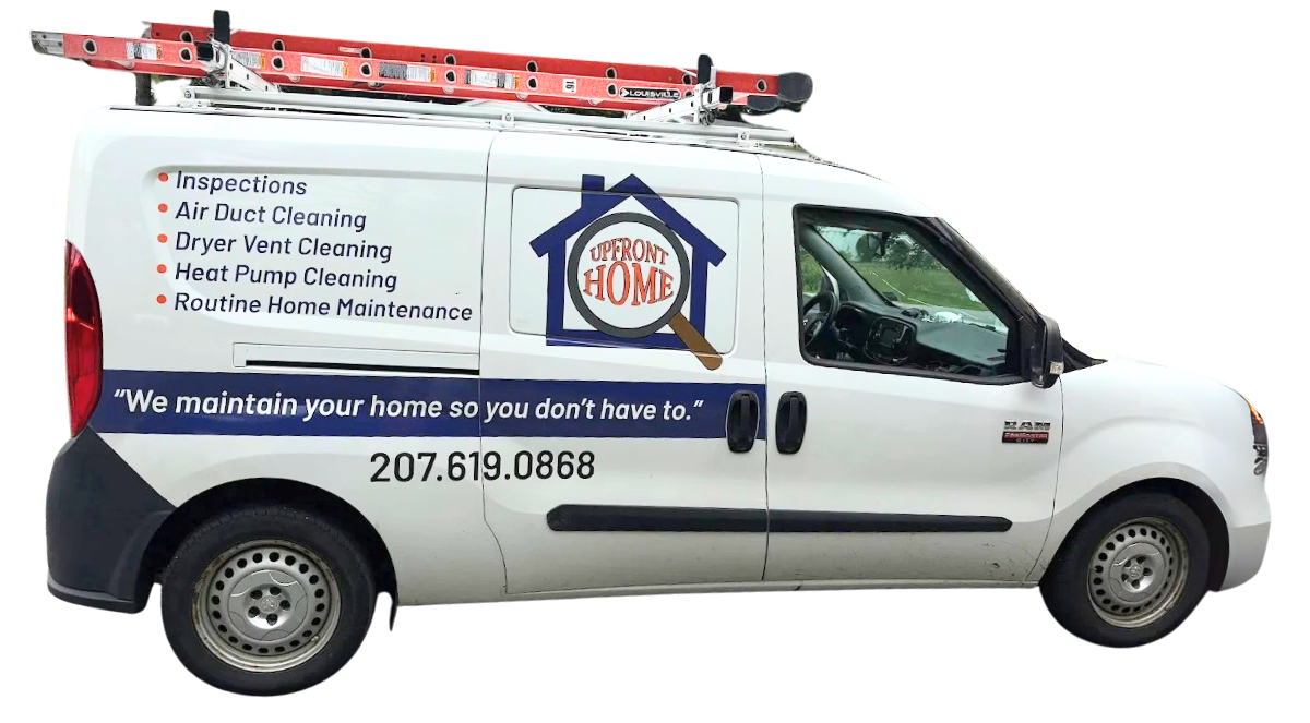 White service van with ladder on top, logo for 