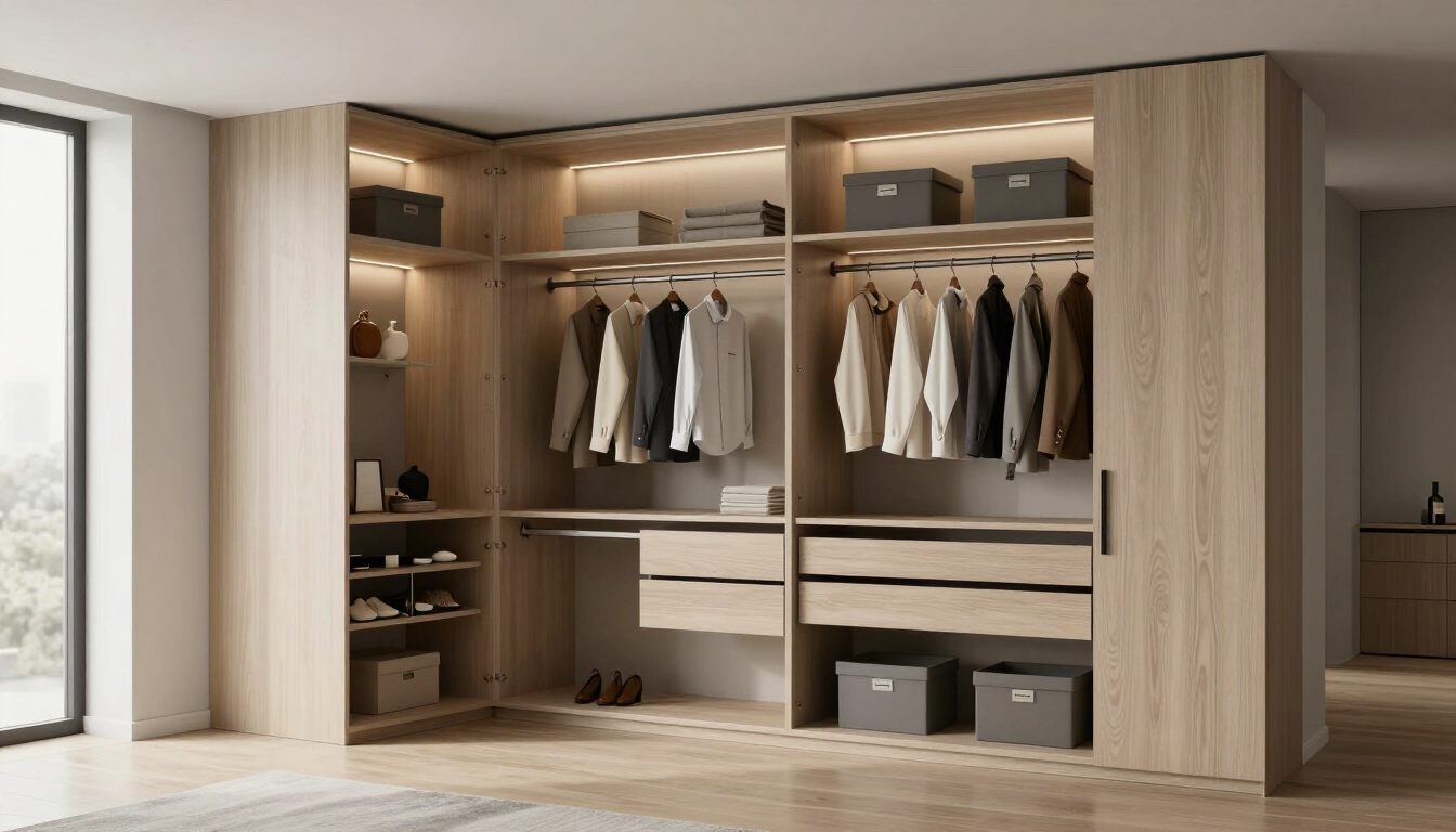 Vestidor moderno con armarios de madera, perchero, estantes y cajas de almacenamiento.