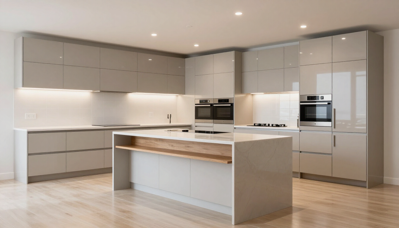 Cocina moderna en tonos grises con isla central, hornos empotrados y suelos de madera clara.