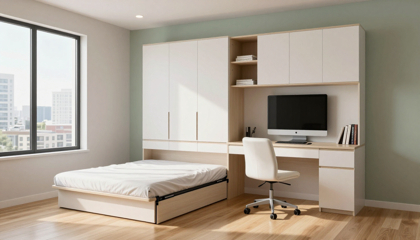 Habitación luminosa y moderna con cama, escritorio, silla, ordenador y ventana grande.