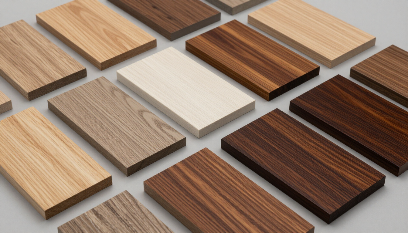 Muestras variadas de chapa de madera en tonos claros y oscuros dispuestas en una cuadrícula sobre una superficie gris.