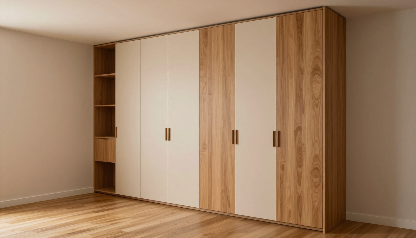 Armario moderno de madera con puertas blancas en una habitación minimalista con suelo de madera clara.