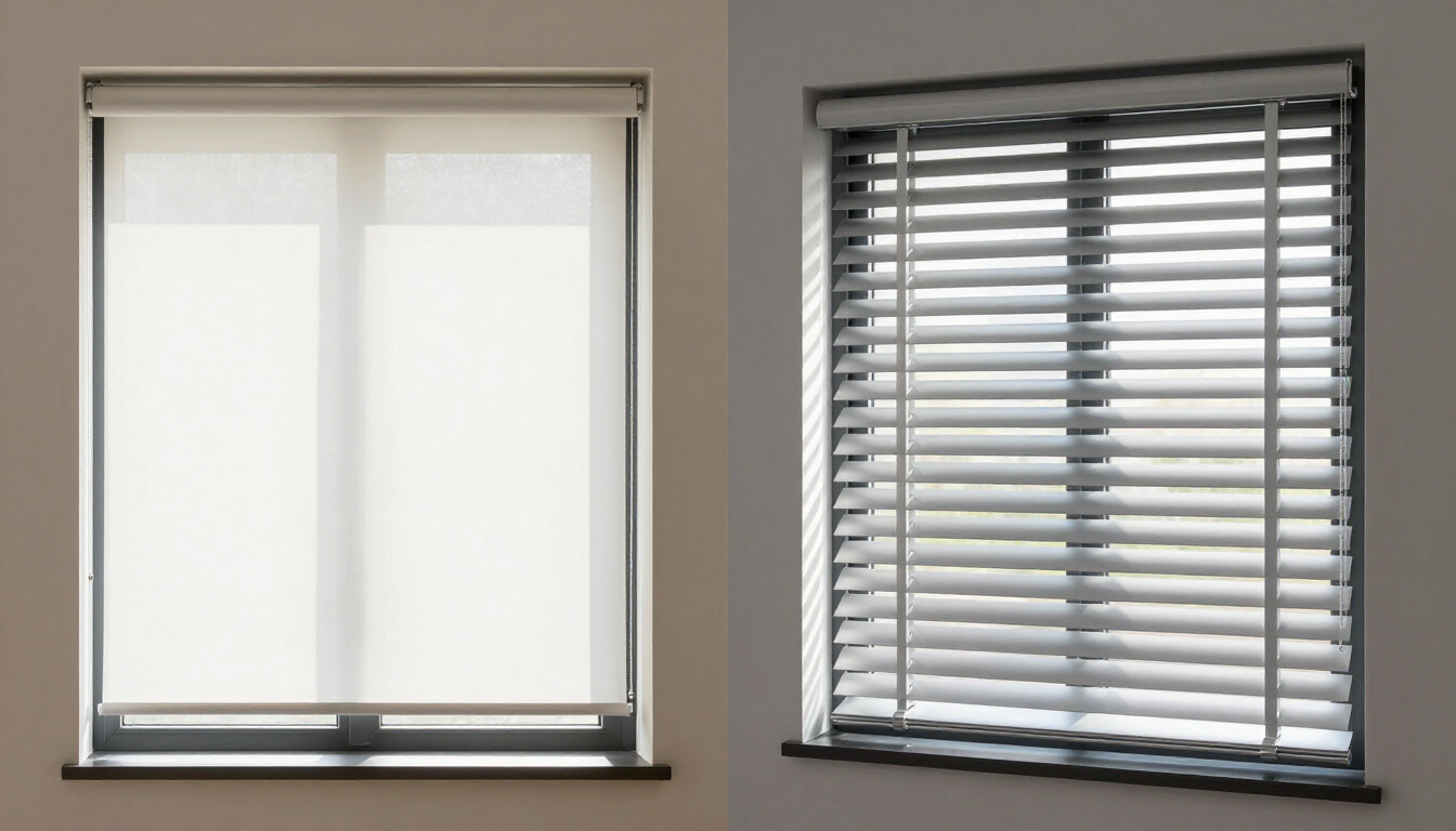 Dos ventanas contiguas con persianas cerradas, una de tela clara y otra de lamas horizontales grises.