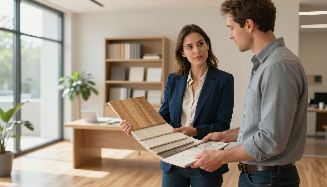 Dos personas conversan sobre muestras de tela en una habitación luminosa con estanterías modernas y grandes ventanales.