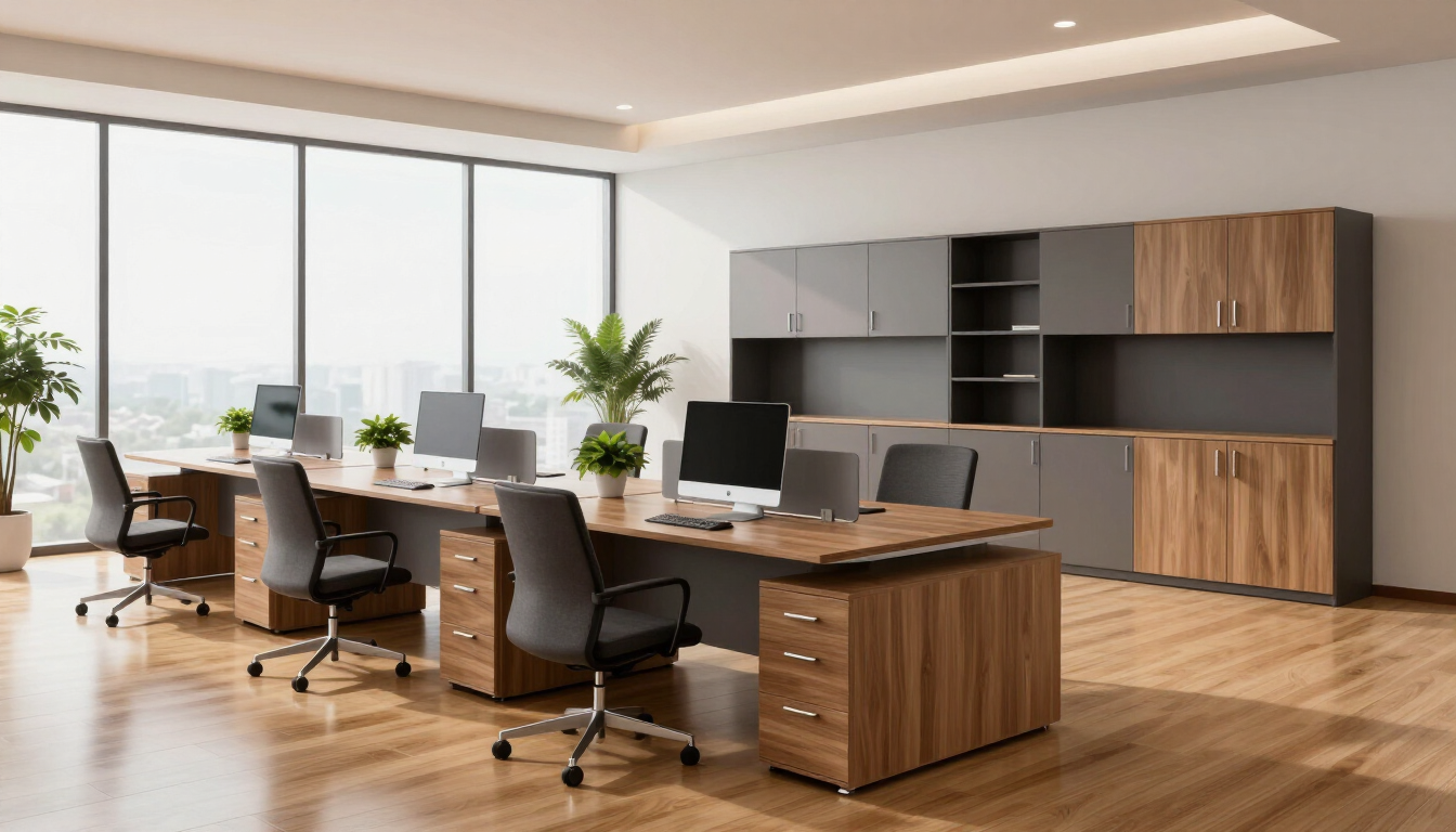 Moderna sala de conferencias con mesas de madera, sillas grises, grandes ventanales y armarios empotrados.