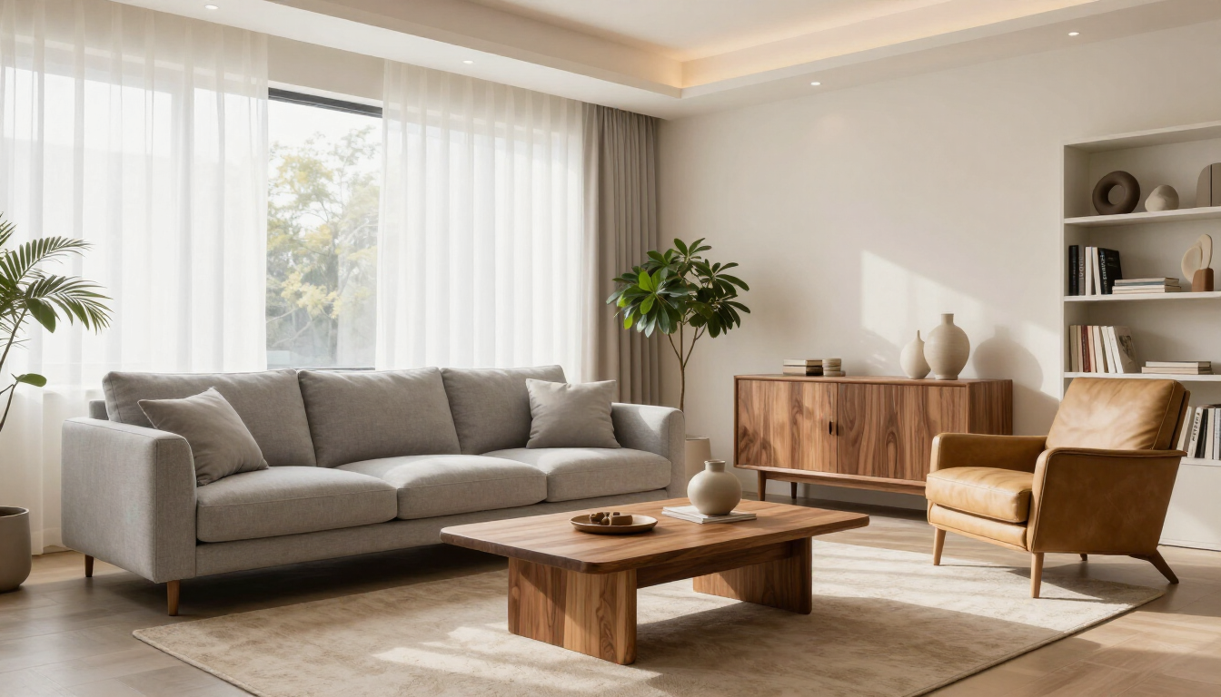 Sala de estar luminosa con sofá gris, mesa de centro de madera, sillón y gran ventanal con cortinas transparentes.