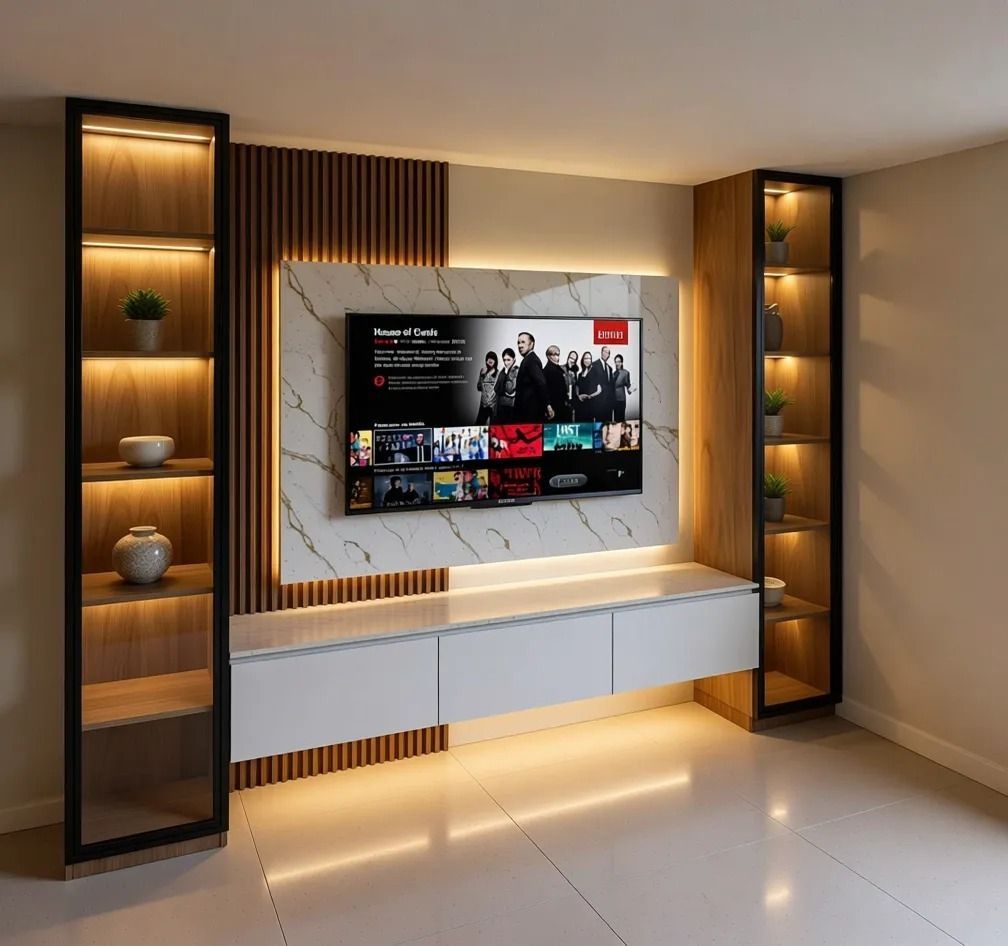 Pared de TV moderna en la sala de estar con estantes de madera cálida, panel retroiluminado y mueble blanco flotante.