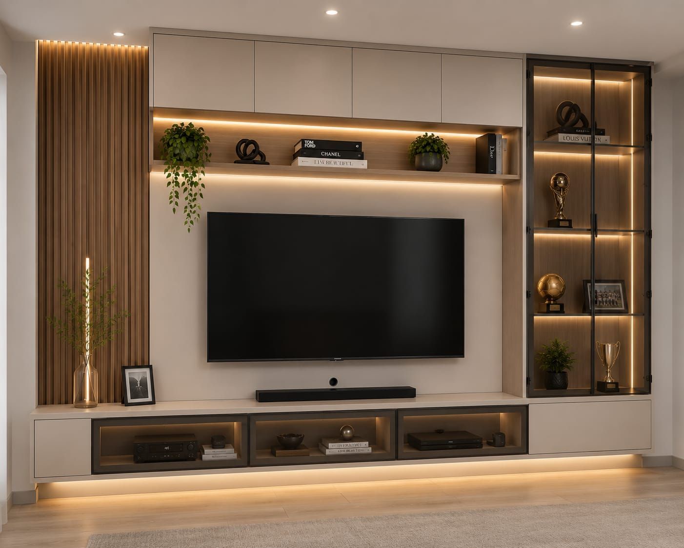 Pared moderna para el televisor en la sala de estar, con estantes de madera cálida, iluminación empotrada.