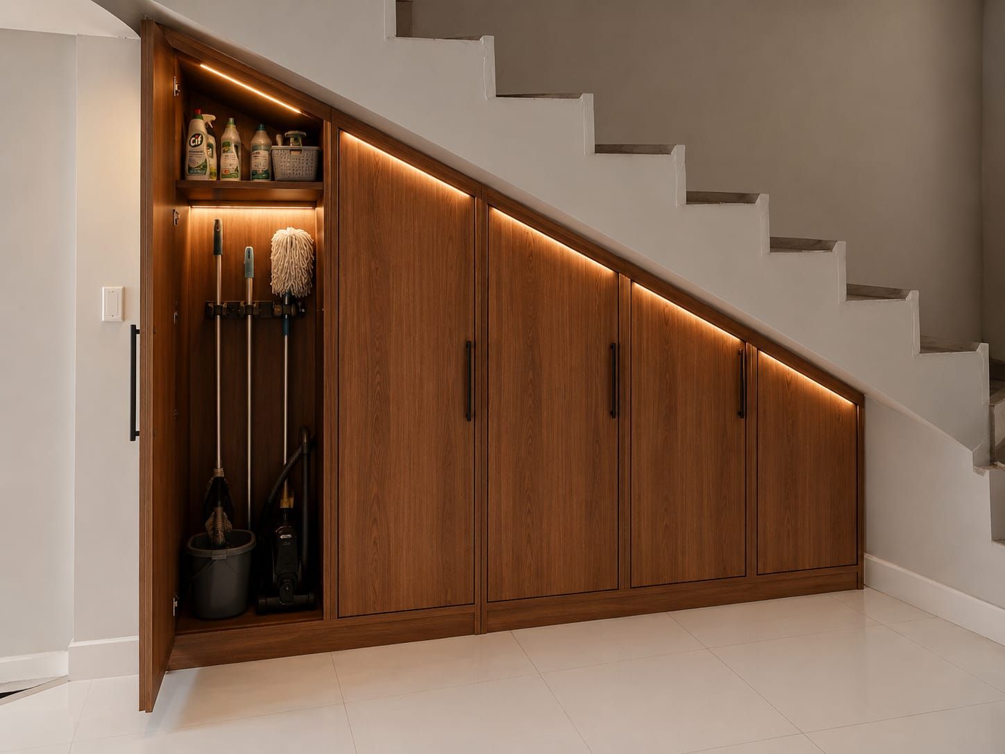 Armario de almacenamiento de madera bajo la escalera con estantes abiertos e iluminación decorativa.