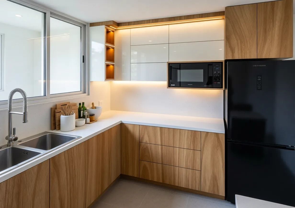 Cocina moderna con armarios de madera, encimeras blancas, electrodomésticos negros y una ventana sobre el fregadero.