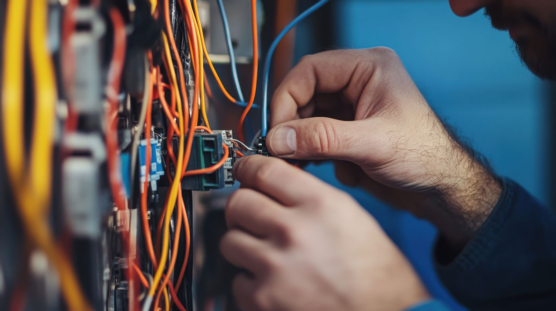 Hands connecting orange and blue wires in an electrical panel, close-up of cable work.