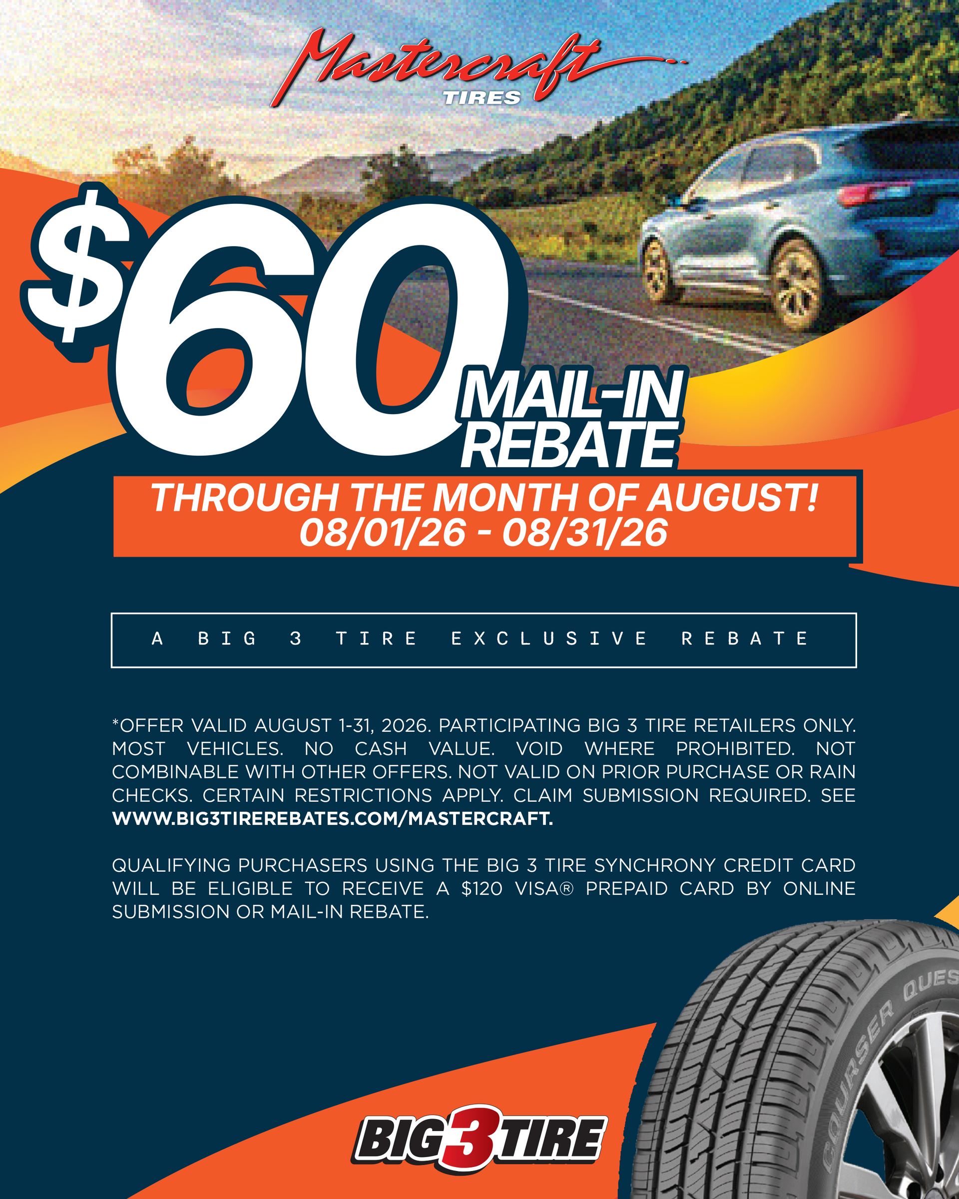 Car dealership ad for $60 mail-in rebate on Mastercraft tires, with car, road, and tire close-up.