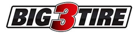 Logo for Big 3 Tire, with black text on a white background, and a red 