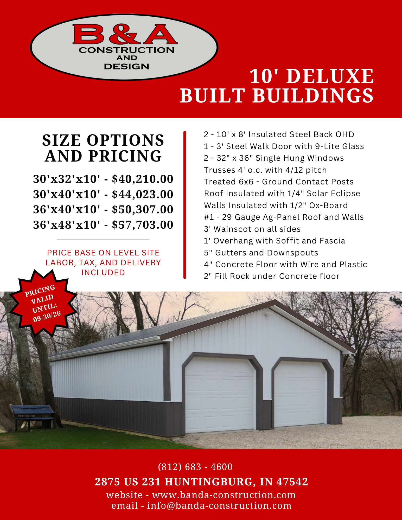 B&A Construction ad for 10' deluxe built buildings, showing size options and a gray metal building with red trim
