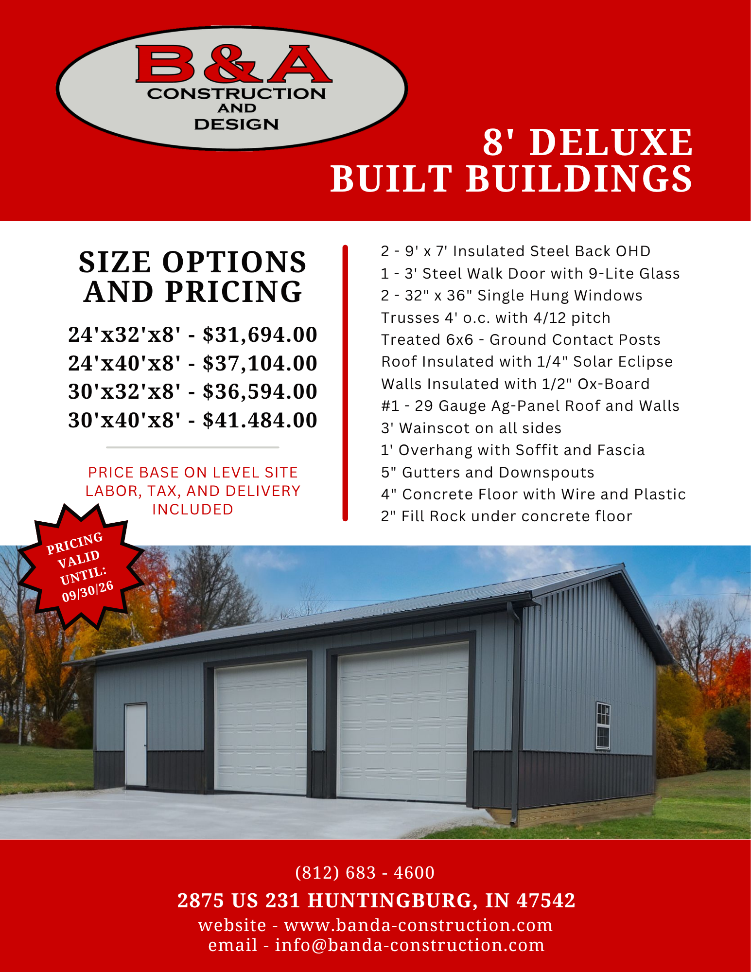 B&A Construction add for 8' deluxe built buildings with pricing and a gray metal building photo