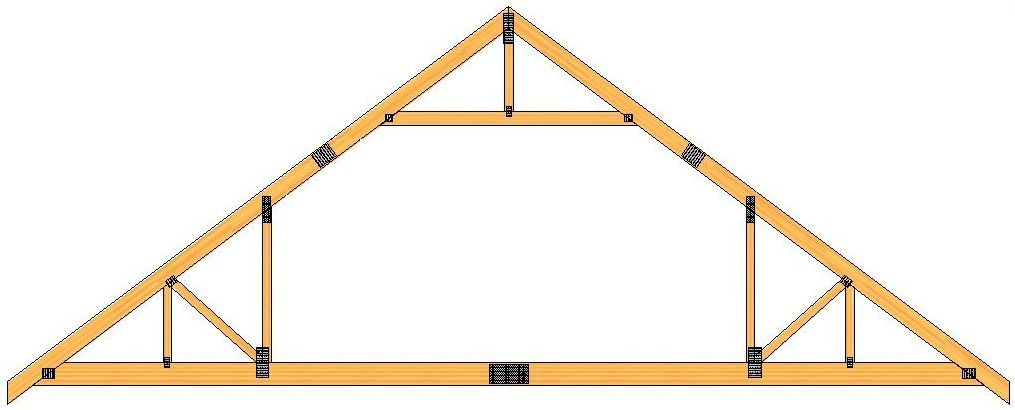 Wooden truss roof framing diagram with triangular beams and cross braces on a white background