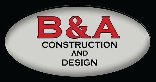 B&A Construction and Design logo in red and black on a gray oval background