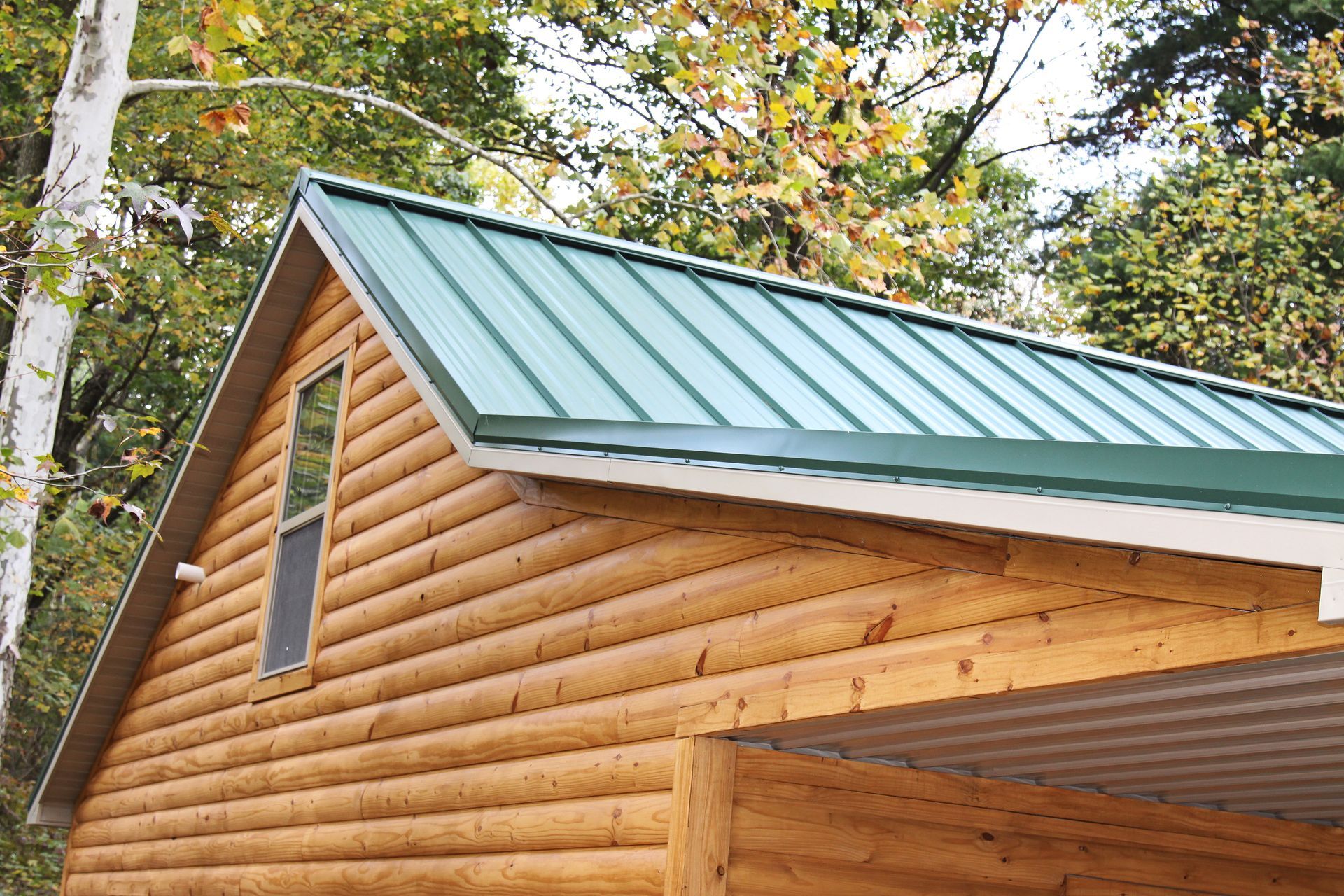 Log cabin with green metal roof and white trim, viewed from below among autumn trees