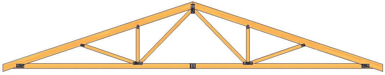 Wooden truss bridge with a peaked roof-like frame and triangular supports on a white background