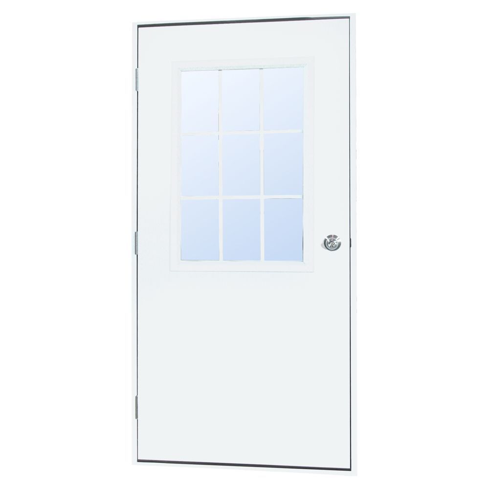 White interior door with a small window and silver knob