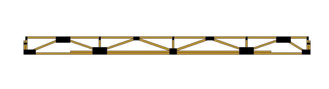 Long tan truss bridge with black supports on a white background