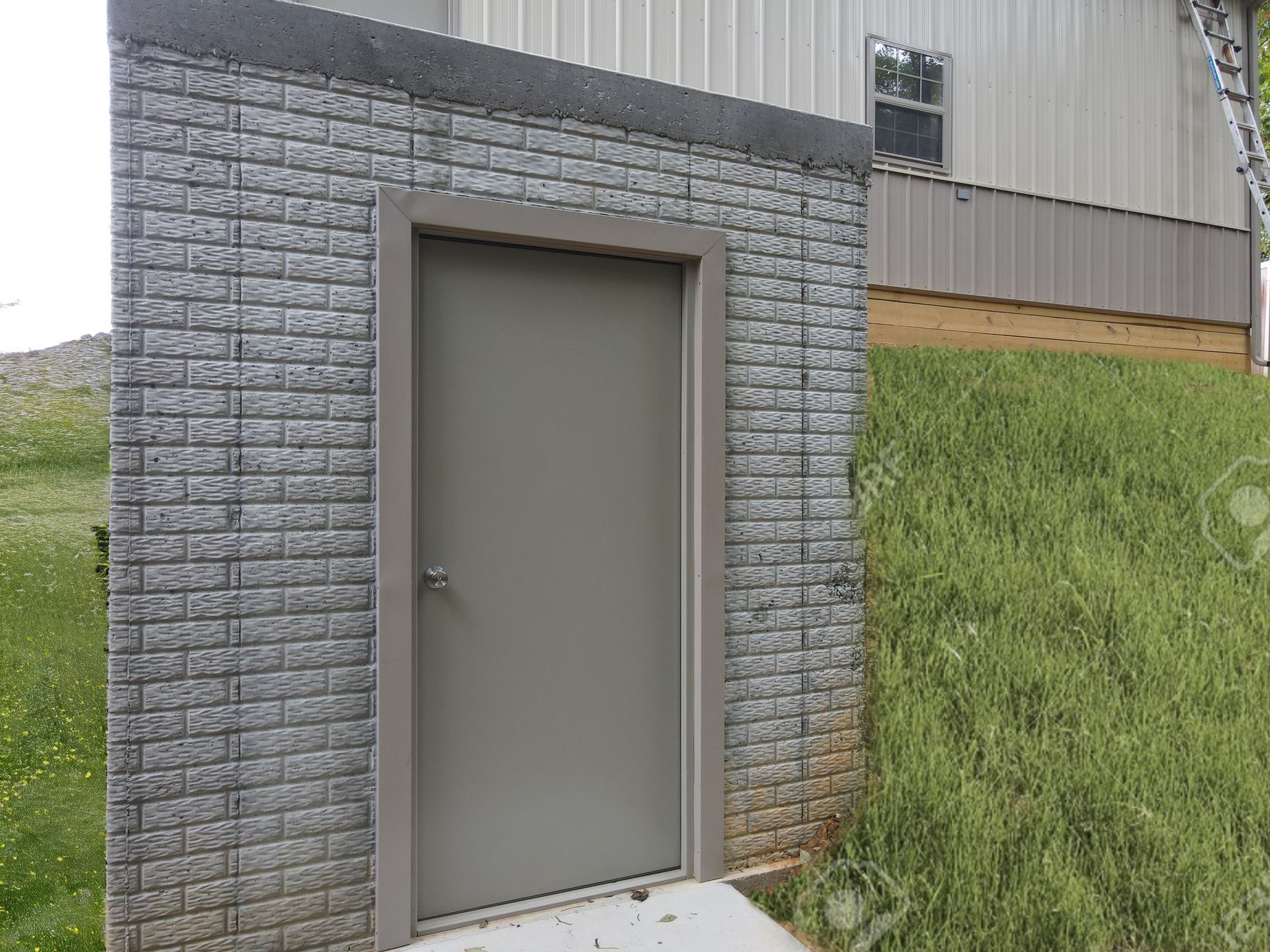 Gray metal door in a small cinder block utility building beside a grassy slope.