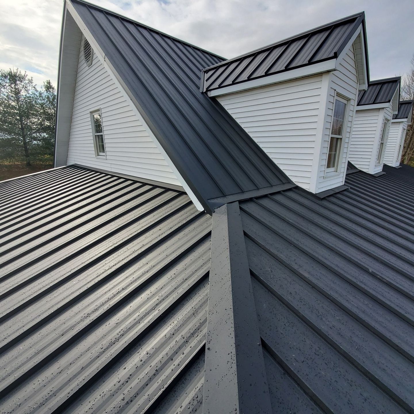 Metal standing-seam roofs on white buildings, viewed from above.