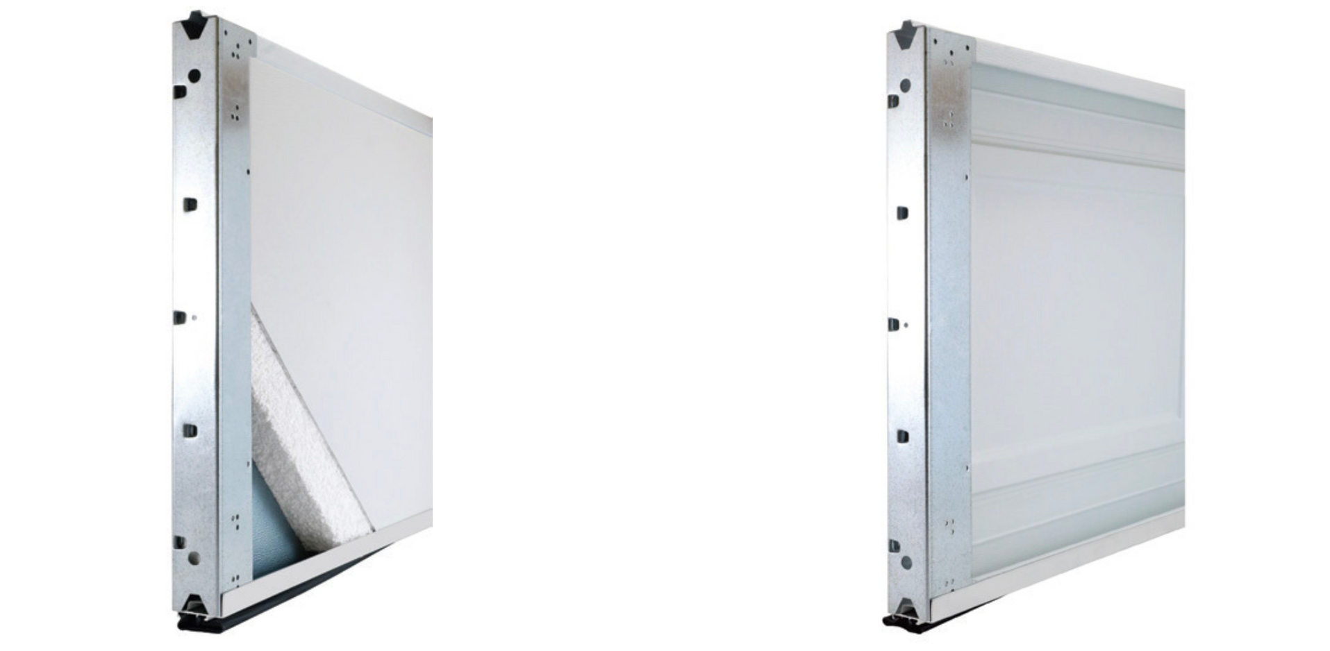 Two white wall-mounted access panels, one open and one closed, with metal frames
