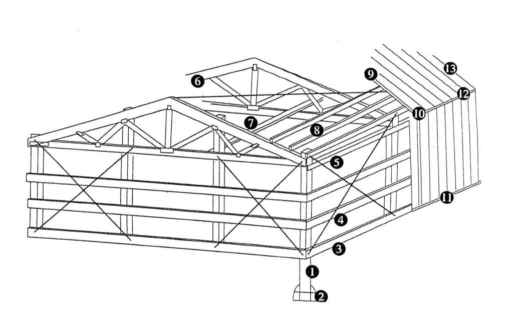 Technical line drawing of a truss bridge with numbered structural points and arrows