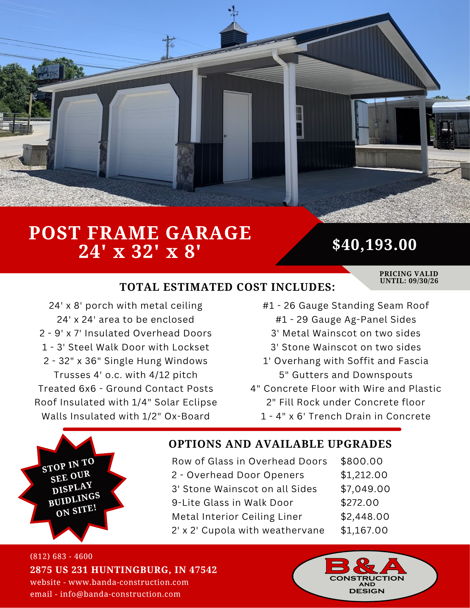 Post-frame garage flyer showing a white 24' x 32' x 8' building with red price banner and options list