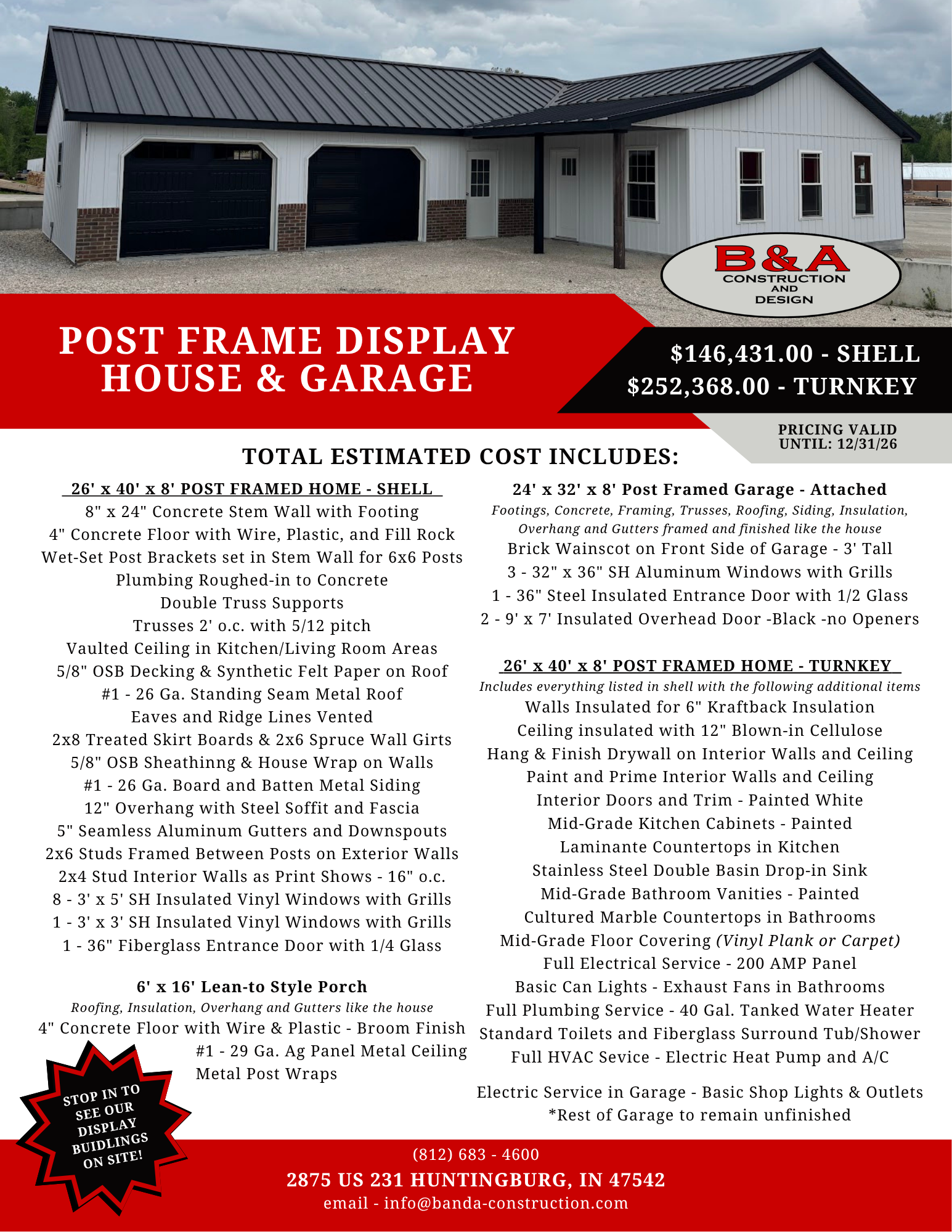 Flyer for a red-and-black turnkey post frame house and garage, with a home rendering and price details