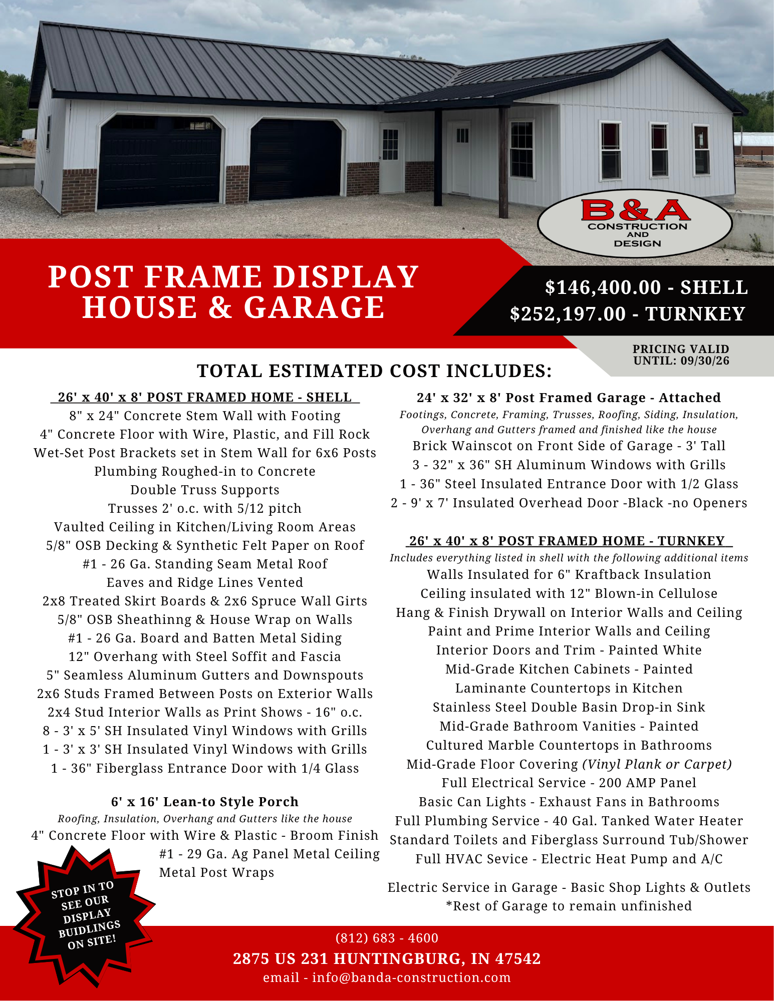 Flyer for a red-and-black turnkey post frame house and garage, with a home rendering and price details