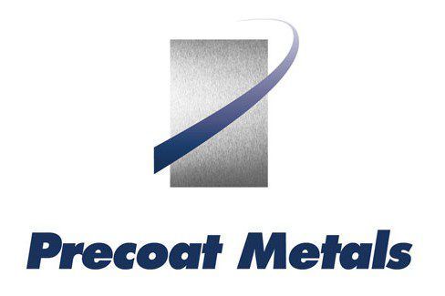 Precoat Metals logo with blue ribbon over a silver rectangle