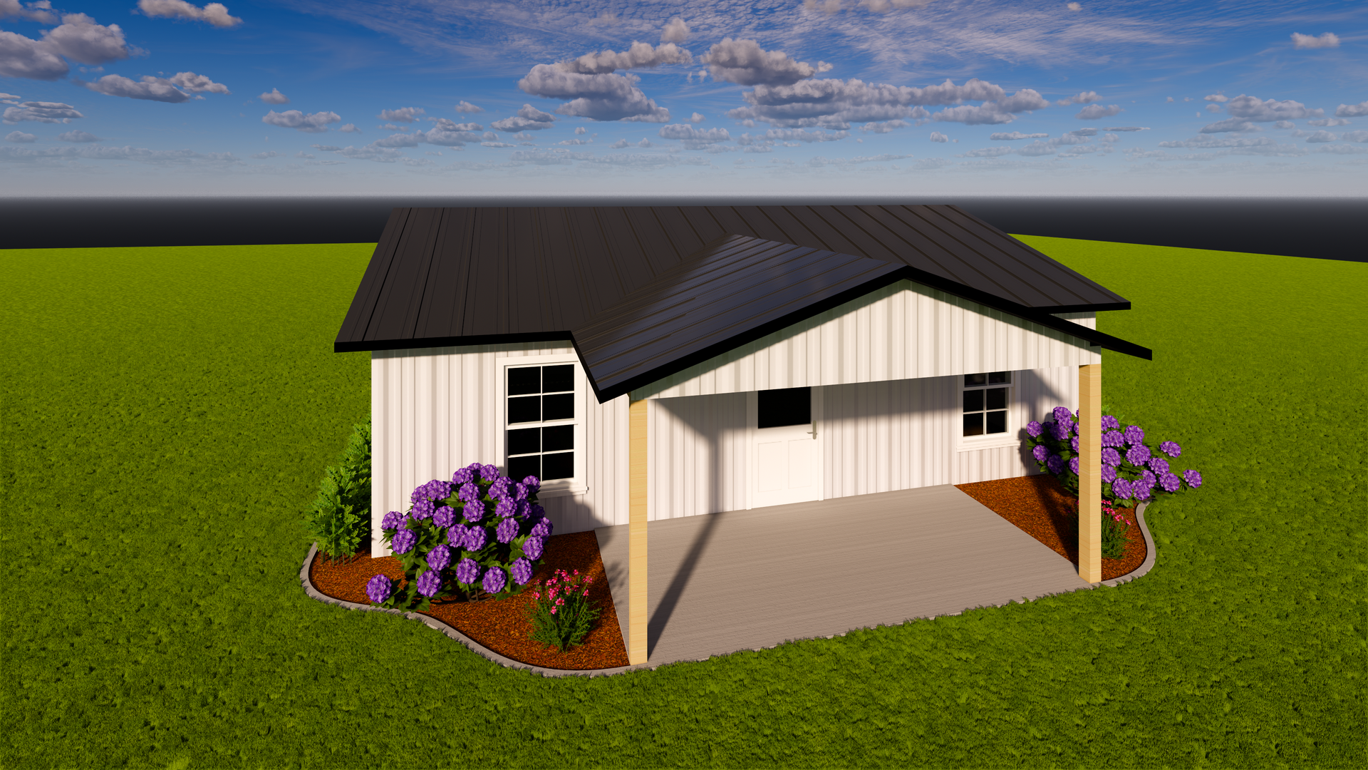 Small white house with a black roof, front porch, and purple flowers on a grassy lot under a cloudy sky