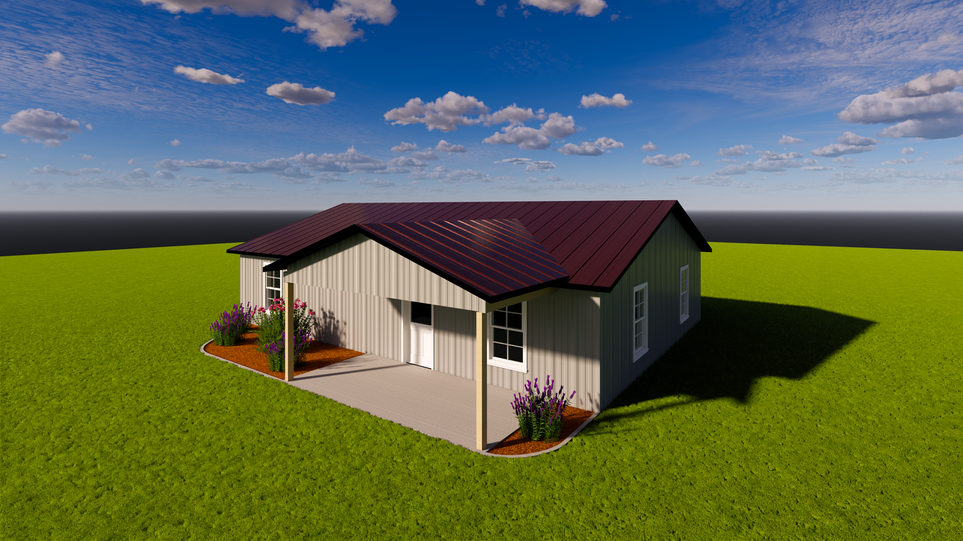 Single-story house with a dark roof, white siding, and a front porch on a grassy lot under a blue sky.
