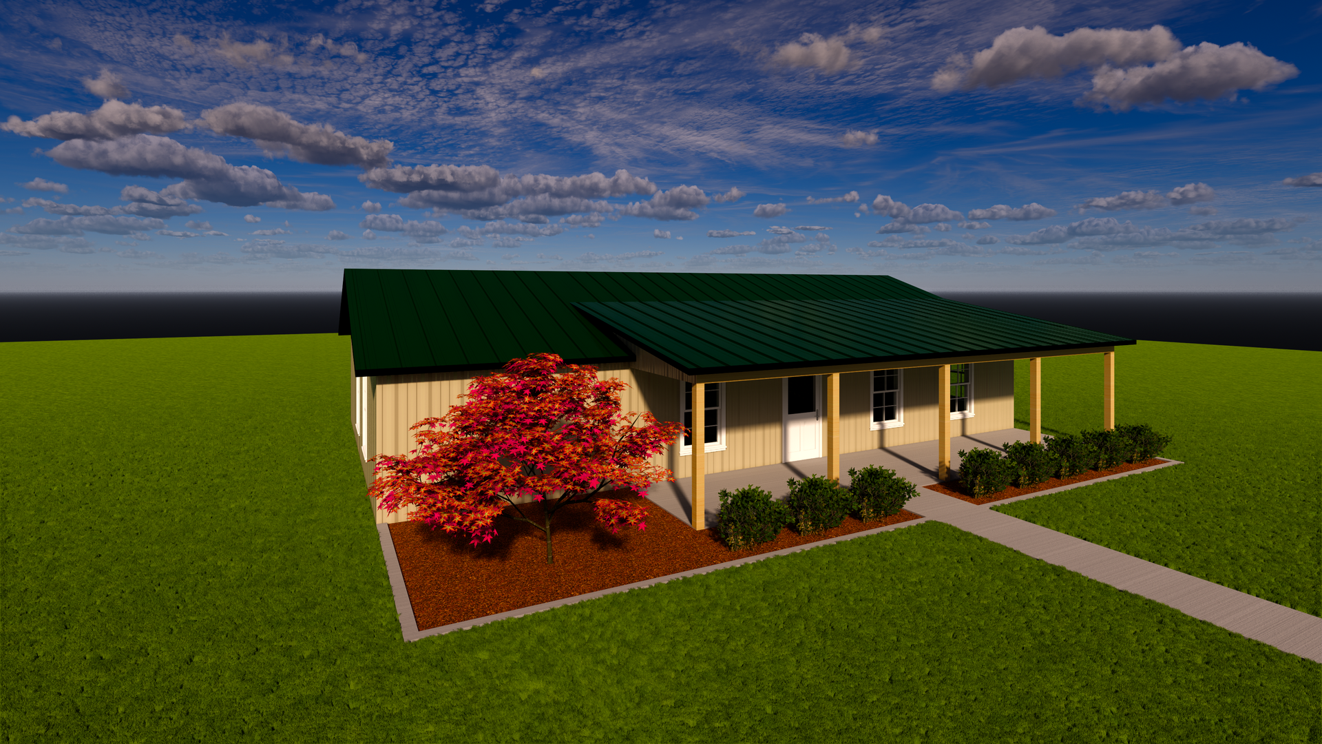 Single-story beige house with green roof, front porch, red tree, and walkway in a grassy field under cloudy sky