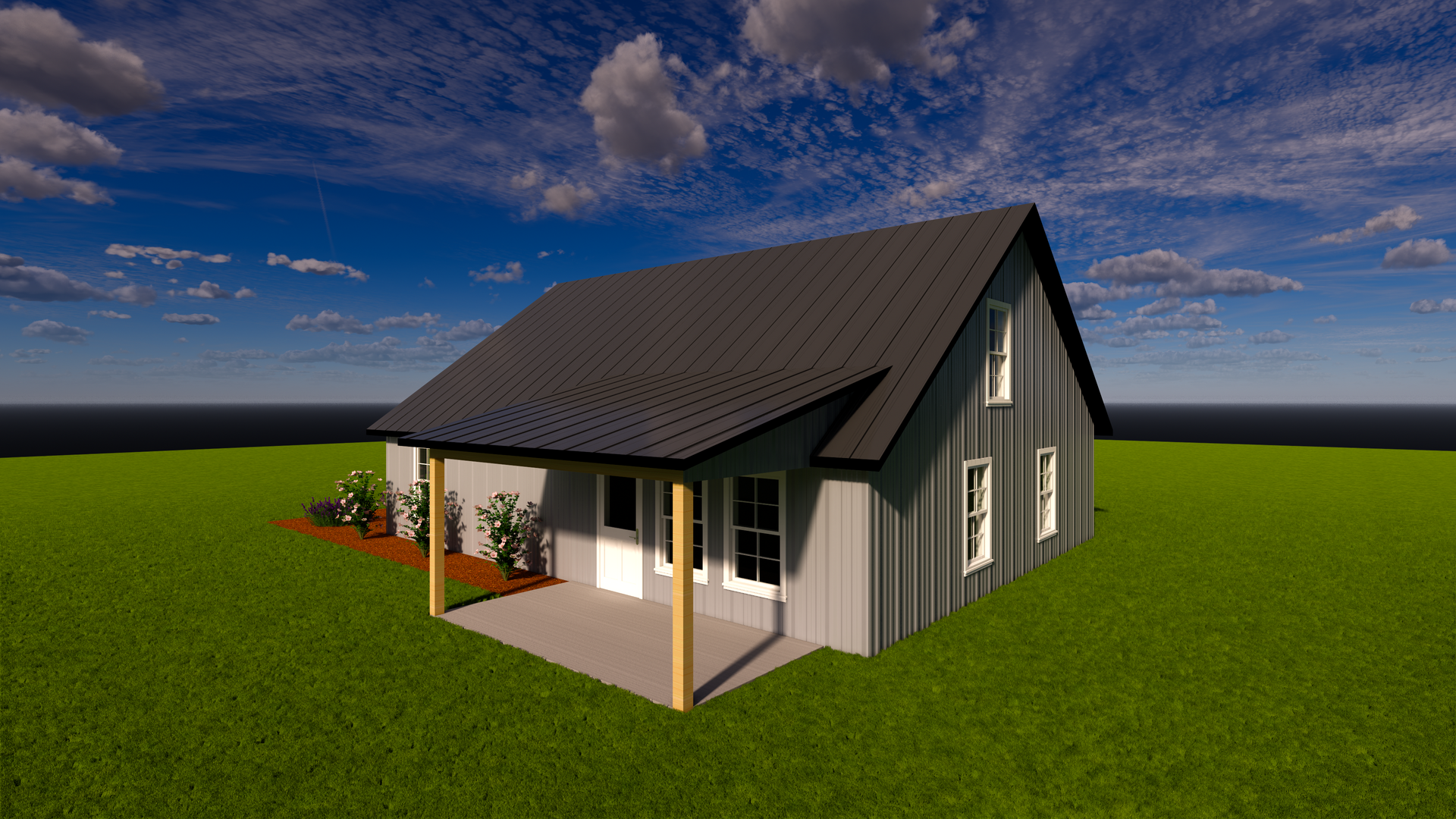 Modern dark-gray house with a pitched roof and porch, set on a green lawn under a blue sky