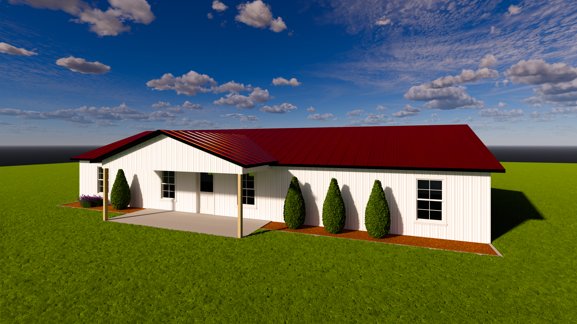 Modern white house with a red roof on a green lawn under a blue sky