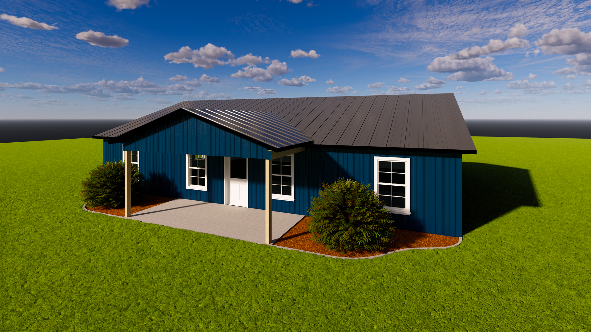 Blue house with gray roof and white trim on a bright green lawn under a partly cloudy sky