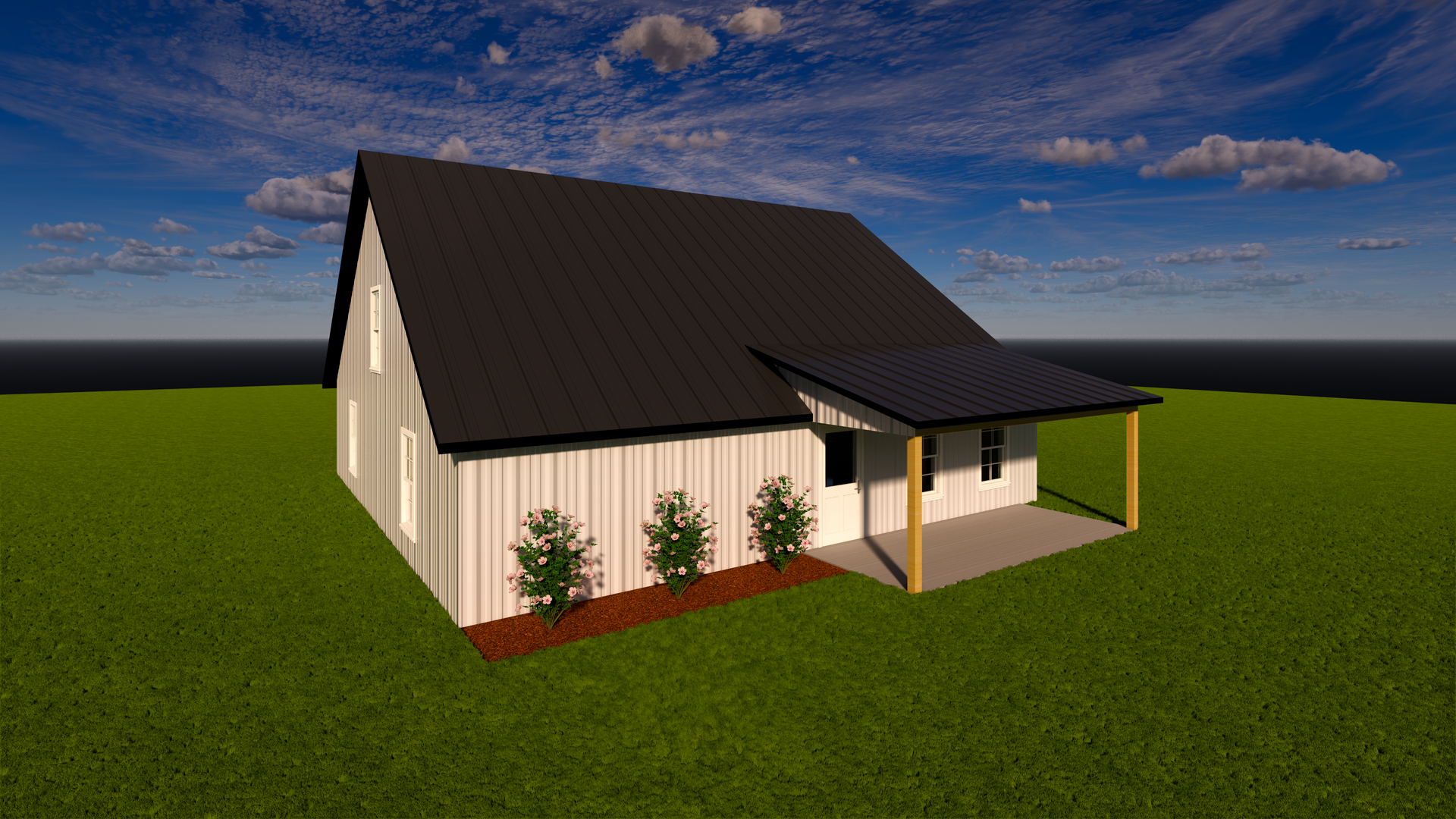 3D rendering of a small cream house with a dark roof, front porch, and landscaped yard under a blue sky