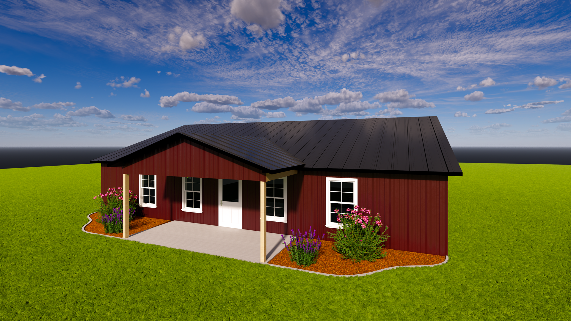Small red house with a dark roof and porch on a grassy field under a cloudy blue sky
