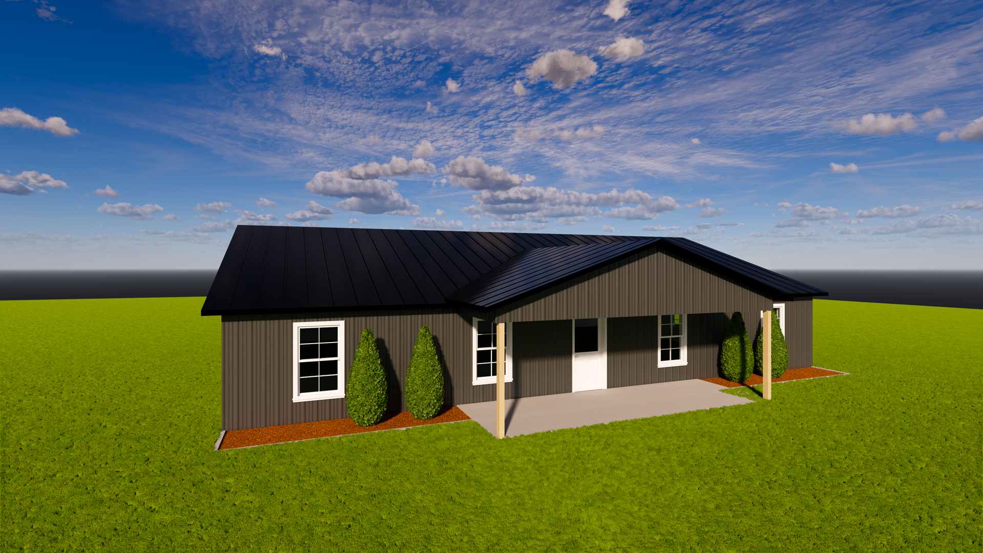 Small modern house with a dark roof and porch, sitting in a grassy field under a blue sky.