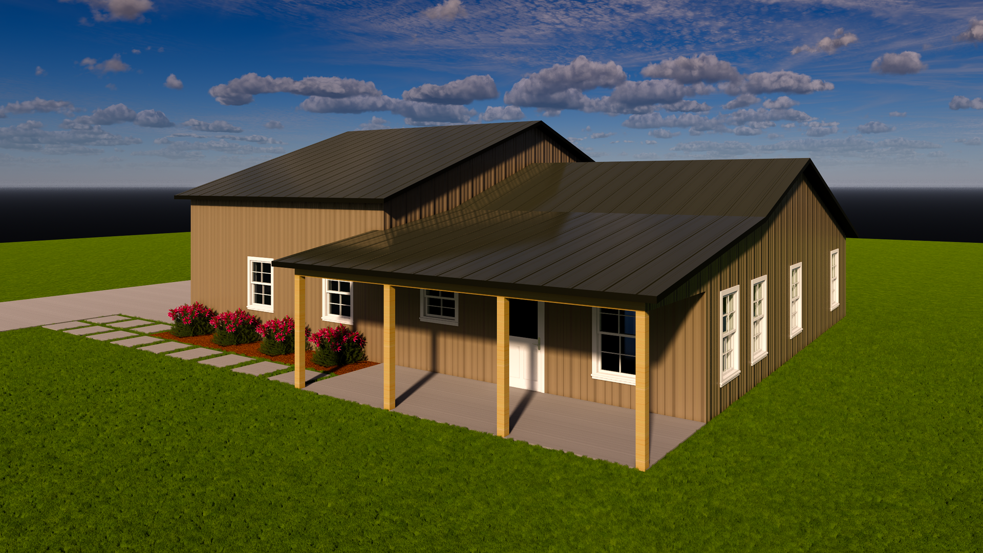3D rendering of a beige house with dark roof, porch, and flower beds on a grassy lot under a cloudy sky