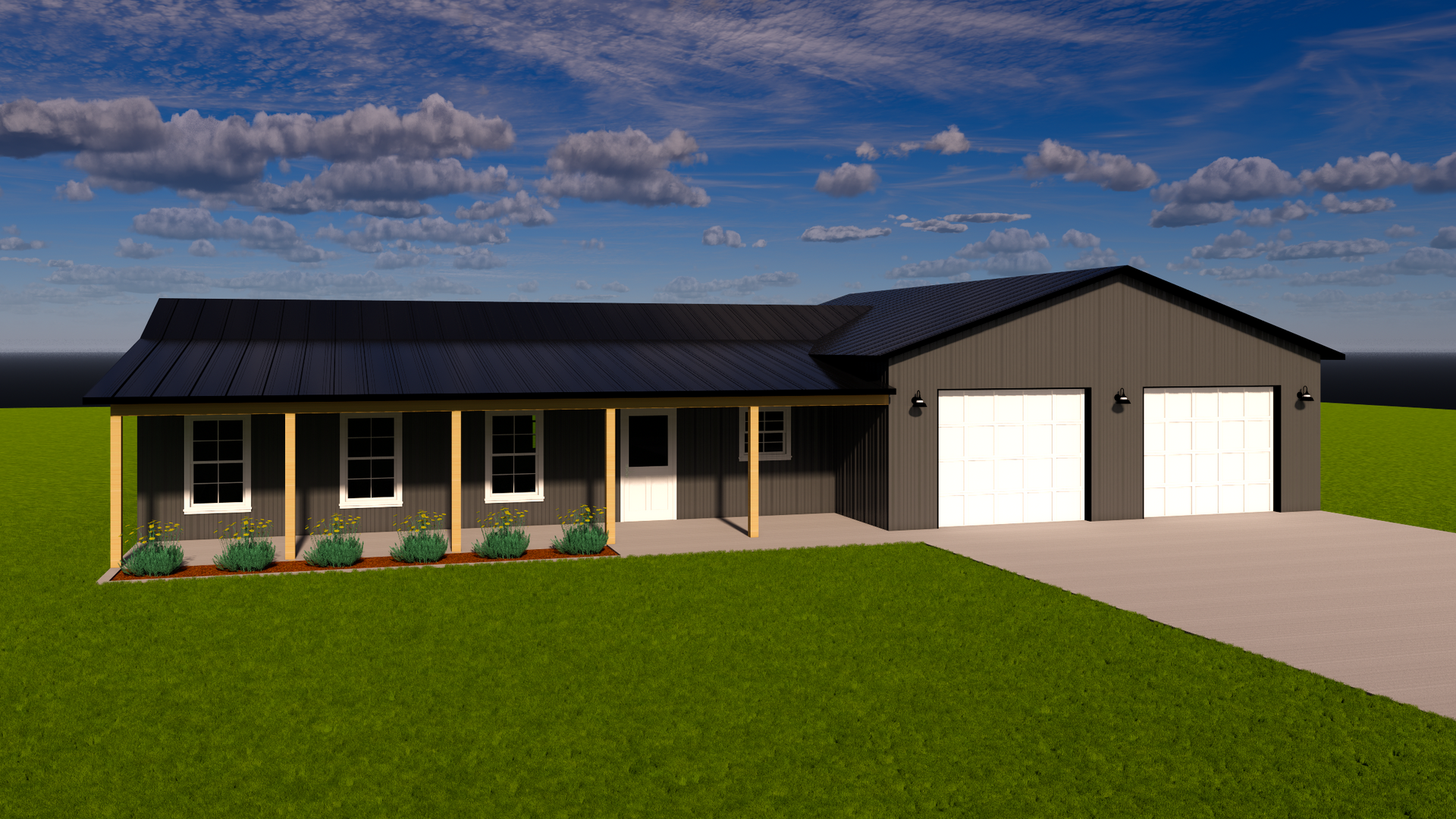 Single-story house with black roof, white garage, front porch, and green lawn under a partly cloudy sky