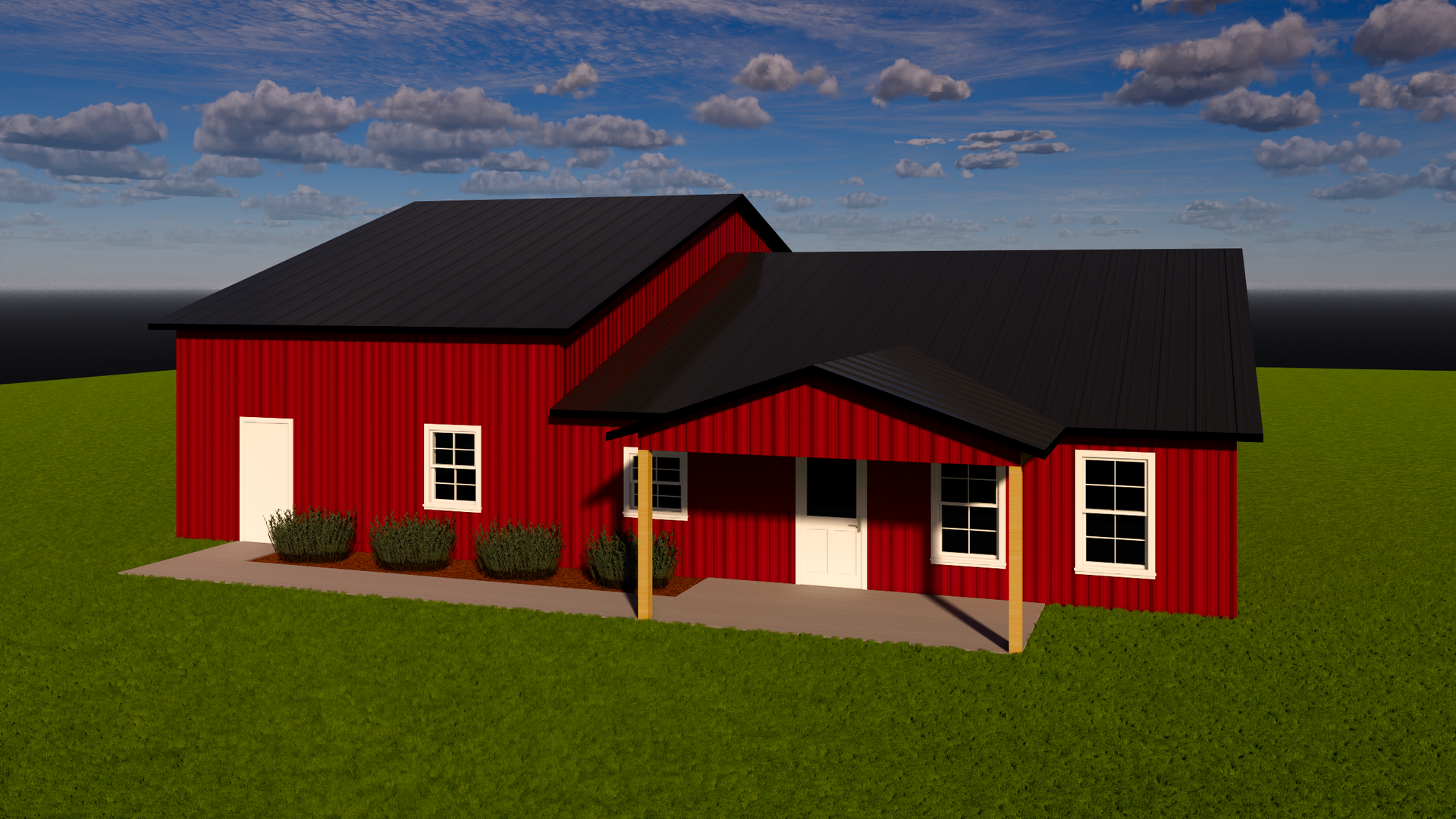 Red house with black roof and white trim on a grassy lot under a cloudy sky