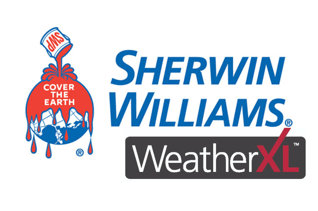 Sherwin-Williams WeatherXL logo with red and blue paint can icon and “Cover the Earth” slogan