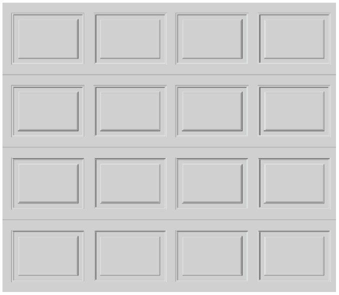 Gray paneled garage door with four rows of rectangular panels