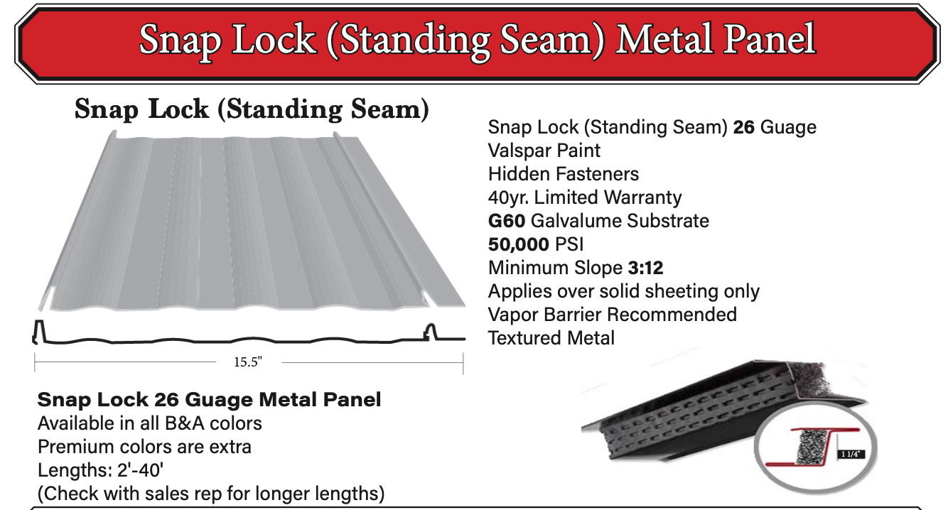 Snap Lock Standing Seam Metal Panel product graphic with gray roof panels and specs text
