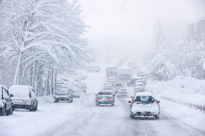 Snowy highway with cars driving through heavy snowfall and snow-covered trees