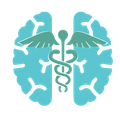 Un cerebro azul con un caduceo y alas.